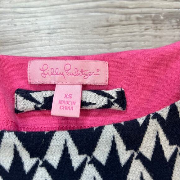 Lilly Pulitzer Navy Pink Geometric Print Knit Belted Dress XS Preppy Mod Retro - Picture 7 of 7
